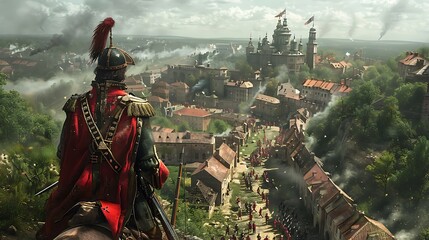 Naklejka premium A lively scene of soldiers in a battlefield with barracks, showcasing military training 