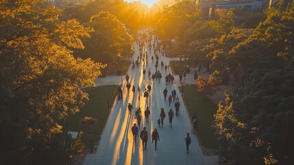 People Walking on Path at Sunset.