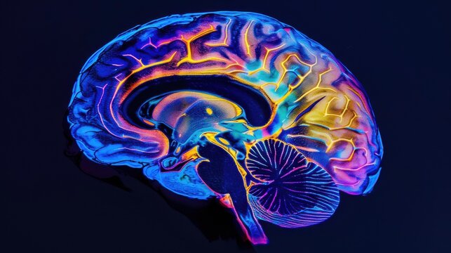 A PET scan image of the human brain, showing areas of high and low metabolic activity with vibrant color contrasts, set against a dark background to enhance the visibility of the functional regions,