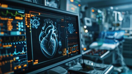 Fototapeta premium An echocardiography image capturing the detailed structures and movements of the heart, showcasing the chambers and valves with high clarity, set in a cardiovascular diagnostic room