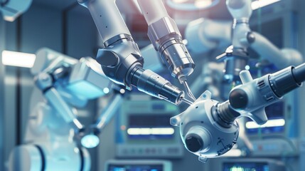 A robotic surgery image capturing the precision and technology involved in a minimally invasive procedure, highlighting the robotic arms and tools, set in a sterile operating room with advanced