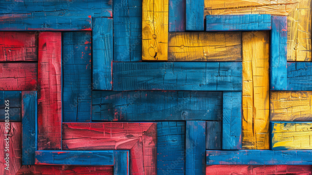 Poster a colorful, abstract wooden mosaic with interlocking pieces painted in red, blue, and yellow. the te