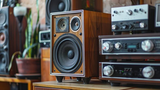 Vintage audio setup with wooden speakers and classic receivers, showcasing retro sound equipment and a cozy, nostalgic ambiance with a touch of greenery.