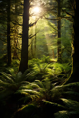 Breathtaking Forest Scenery: A Mesmerising Dance of Sunlight and Shade Across Lush Green Ferns  and Towering Trees