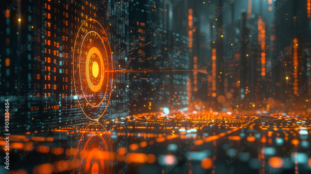 Poster a futuristic digital landscape with glowing orange and black numerical code, illustrating advanced t