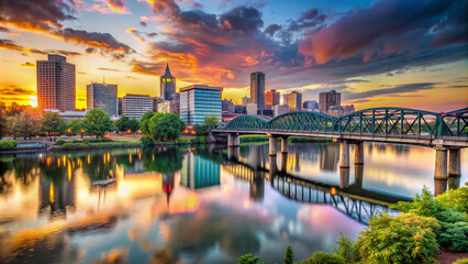 Naklejka premium Vibrant cityscape of Portland's Willamette River waterfront at sunset, with steel bridges, lush greenery, and modern buildings reflecting in calm waters.