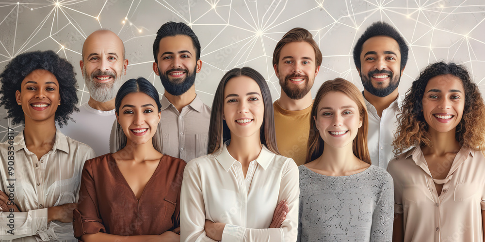 Poster a diverse group of smiling people standing together in front of a geometric light-patterned backgrou