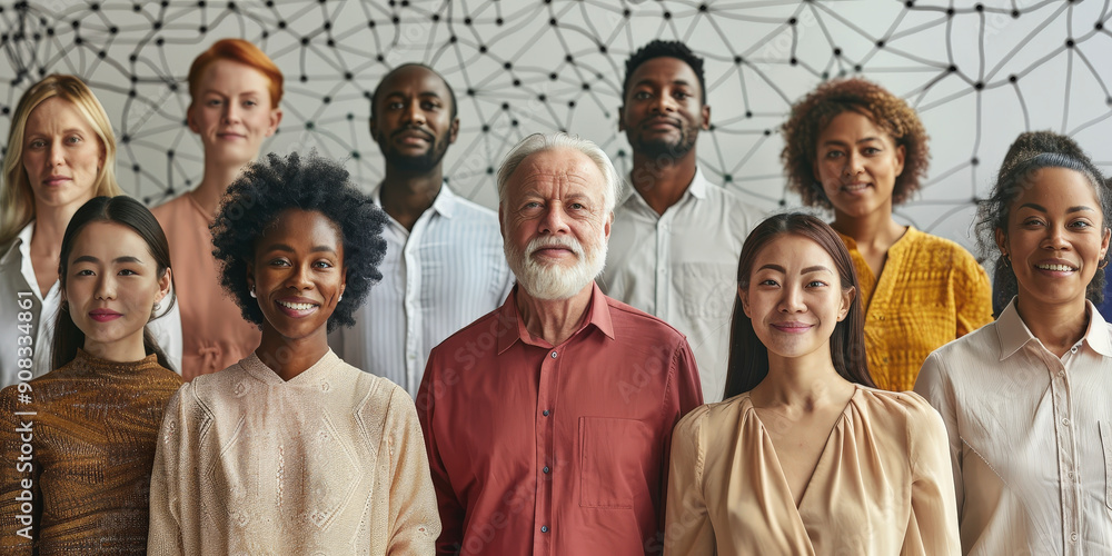 Poster a diverse group of smiling individuals standing together in front of a modern, artistic backdrop fea
