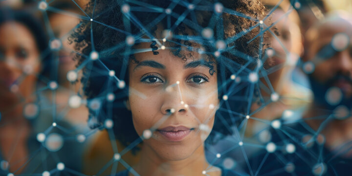 A woman looks directly at the camera, with a futuristic network of connected nodes overlaying the image, symbolizing technology and human connection.