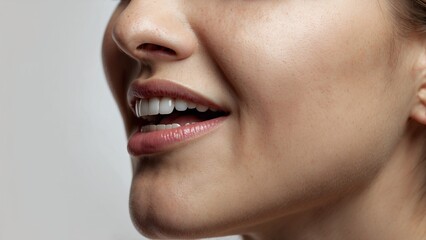 Side profile of a woman with blurred face against grey wall