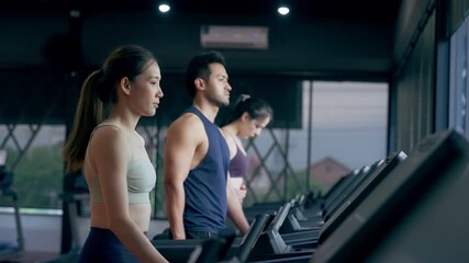Fit young woman and man running on a treadmill during a workout class at fitness gym