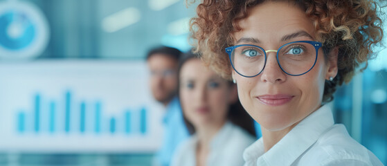 A confident business professional with curly hair and glasses smiles at the camera, with her team in the background. The modern office setting includes charts and a collaborative atmosphere.