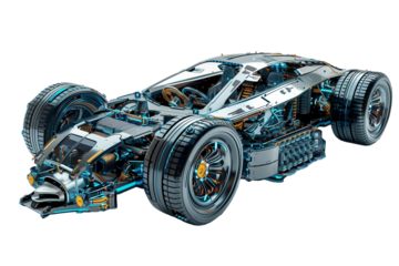 Futuristic car turbo engine in blue neon isolated on transparent background