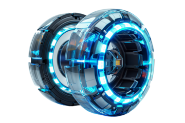 Futuristic car turbo engine in blue neon isolated on transparent background