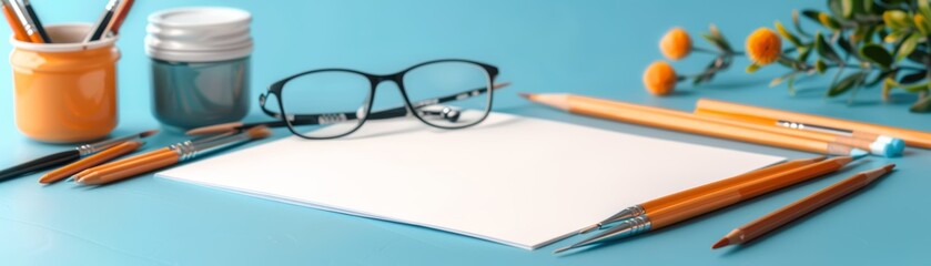 Fototapeta premium Art Supplies with Paper and Glasses on Desk