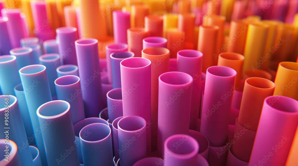 Poster colorful abstract image featuring cylindrical tubes in various vibrant shades, creating a dynamic, v