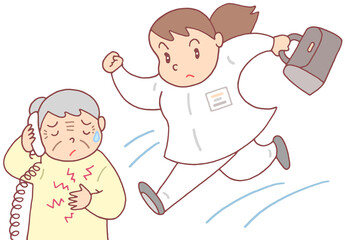介護のイラスト - 訪問看護師・高齢者医療・緊急連絡・訪問看護