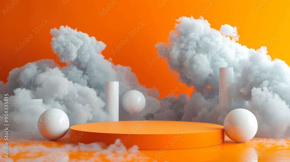 Poster abstract scene with orange platform, white spheres, and columns surrounded by fluffy clouds against 