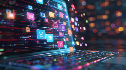 A laptop displaying numerous digital icons and applications, symbolizing online connectivity, digital shopping, and a bustling digital ecosystem in a technologically advanced world.