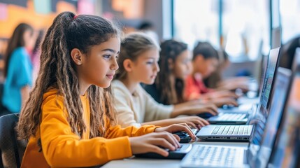A peaceful image of a group of students working on laptops in a modern computer lab, focused on coding and programming, with the teacher moving around offering support and guidance, highlighting the