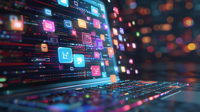 A laptop displaying numerous digital icons and applications, symbolizing online connectivity, digital shopping, and a bustling digital ecosystem in a technologically advanced world.