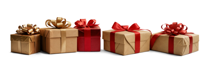 Christmas presents, wrapped with brown wrapping paper and shiny red and golden gold wrapping paper, lie in a row next to each other, isolated