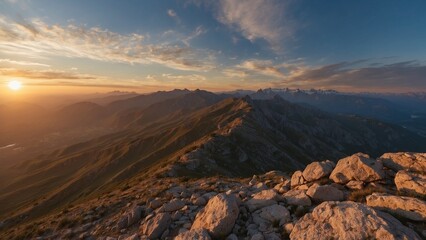 Sunset over mountain ridge with rocky terrain and valleys