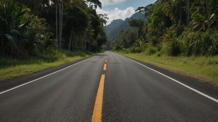 Long straight road cutting through lush tropical greenery.