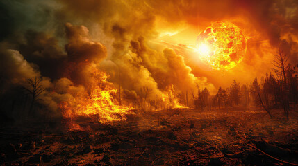 Obraz premium Dramatic forest fire with intense flames and smoke, set against an apocalyptic sun and sky.