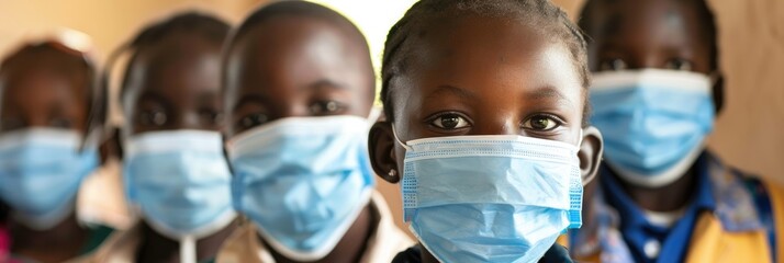 African schoolchildren practicing social distancing while wearing face masks