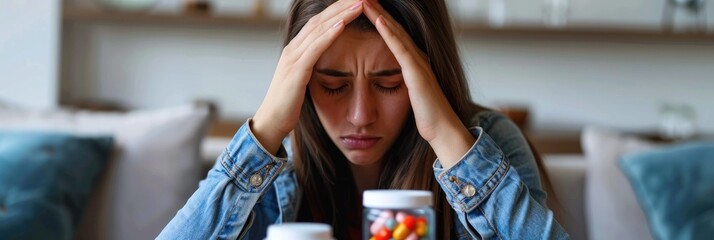 Woman taking vitamins painkillers antidepressants and meds to alleviate headache insomnia nervous disorder and anxiety in treatment of flu infection and migraine