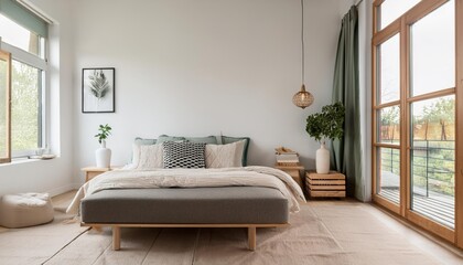 A minimalist bedroom with a large window and a cozy bed