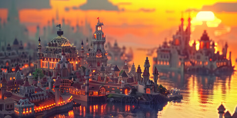 Obraz premium Sunset Over the Industrial Fantasy City 