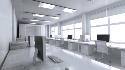 Fototapeta premium Corporate office interior with minimalist design and tech devices