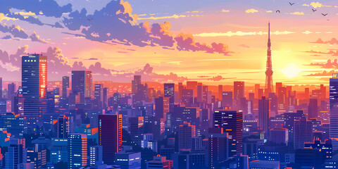 Obraz premium Anime Sunset Cityscape with Ninja Skyline 