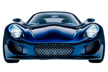 Front view of a shiny blue luxury Car isolated on a transparent background