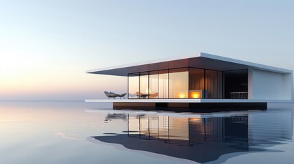 Fototapeta premium Floating building concept hovering above a reflective water surface
