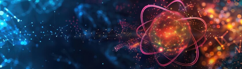 A detailed illustration of an atom and its particles, top view, symbolizing the foundation of matter, cybernetic tone, Triadic color scheme