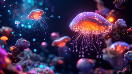 Obraz premium Underwater metropolis, bioluminescent creatures