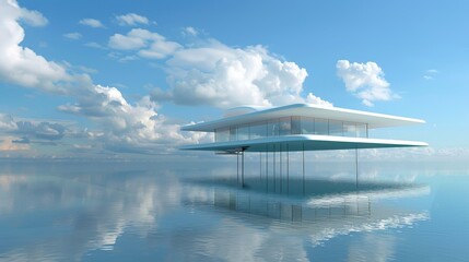 Fototapeta premium Floating building concept hovering above a reflective water surface