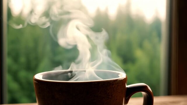 Close-up of a cup of aromatic hot tea or coffee stands on a wooden table by the window of a country house in the forest. Morning with an aromatic drink that charges you with energy for the whole day.