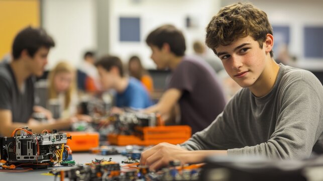 A robotics workshop where students are working in teams to build and program robots, with tools and parts scattered around, capturing the hands-on learning experience and the excitement of