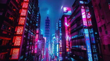 Obraz premium Futuristic skyscrapers with holographic advertisements in a cityscape