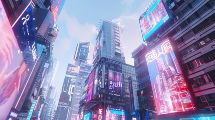 Futuristic skyscrapers with holographic advertisements in a cityscape