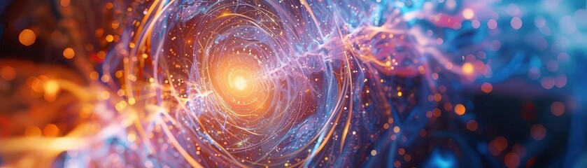 Obraz premium An abstract depiction of quantum energy flows in nuclear physics, top view, capturing the complexity of quantum mechanics, scifi tone, Tetradic color scheme