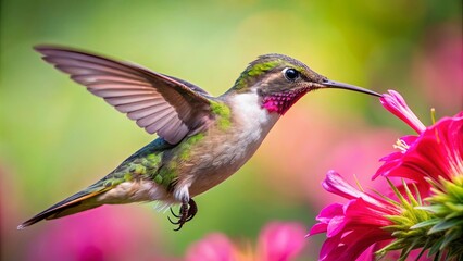Fototapeta premium A close-up photo of a hummingbird feeding off a bright pink flower, hummingbird, bird, flower, wildlife, nature, pollination