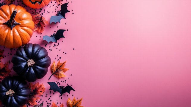 Halloween theme with pumpkins, bats, and autumn leaves on pink background