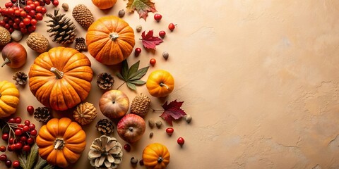 Fototapeta premium Autumn-themed flat lay of pumpkins, berries, acorns, and cones on beige table, Autumn, fall, minimal, concept, pumpkins, berries