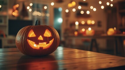 Jack-o'-lantern on table, warm lights, Halloween decor, cozy ambiance