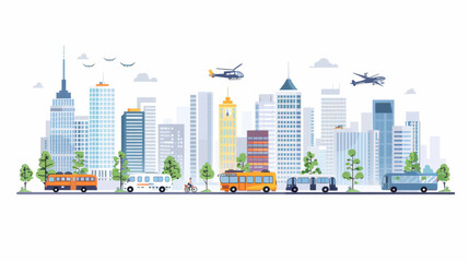 Obraz premium Illustrated cityscape with high-rise buildings, various public buses, helicopters in the sky, and trees lining the street, against a white background.